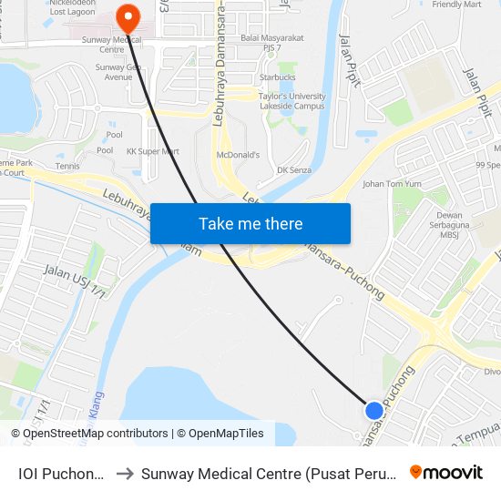 IOI Puchong Jaya to Sunway Medical Centre (Pusat Perubatan Sunway) map