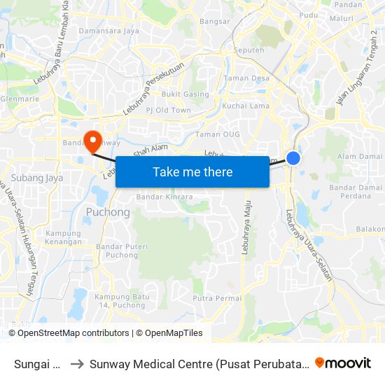 Sungai Besi to Sunway Medical Centre (Pusat Perubatan Sunway) map