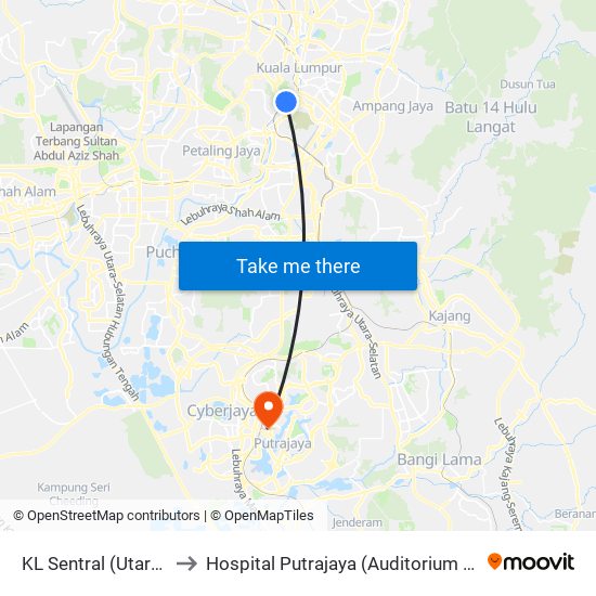 KL Sentral (Utara) (Kl1077) to Hospital Putrajaya (Auditorium Hospital Putrajaya) map