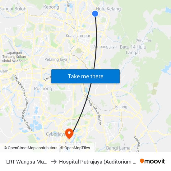 LRT Wangsa Maju (Kl2097) to Hospital Putrajaya (Auditorium Hospital Putrajaya) map