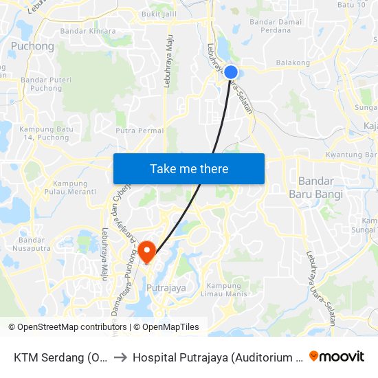 KTM Serdang (Opp) (Sj595) to Hospital Putrajaya (Auditorium Hospital Putrajaya) map