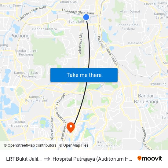 LRT Bukit Jalil (Kl149) to Hospital Putrajaya (Auditorium Hospital Putrajaya) map