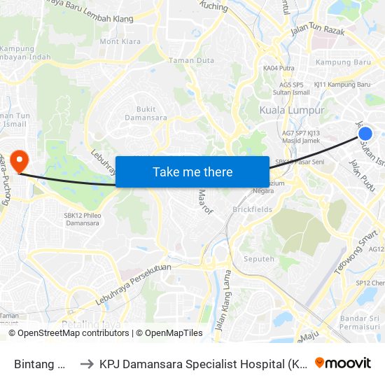 Bintang Walk (Kl85) to KPJ Damansara Specialist Hospital (KPJ Hospital Pakar Damansara) map