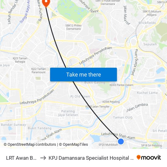 LRT Awan Besar (Kl2324) to KPJ Damansara Specialist Hospital (KPJ Hospital Pakar Damansara) map