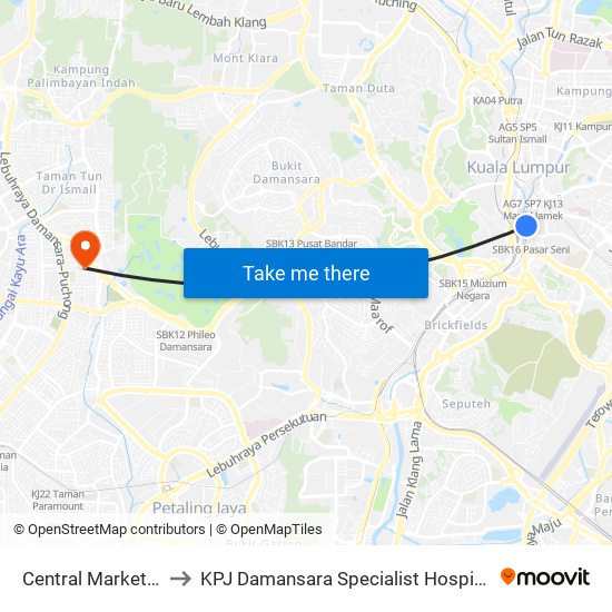 Central Market (Selatan) (Kl109) to KPJ Damansara Specialist Hospital (KPJ Hospital Pakar Damansara) map