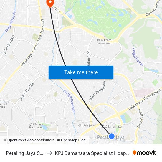 Petaling Jaya State (Utara) (Pj433) to KPJ Damansara Specialist Hospital (KPJ Hospital Pakar Damansara) map