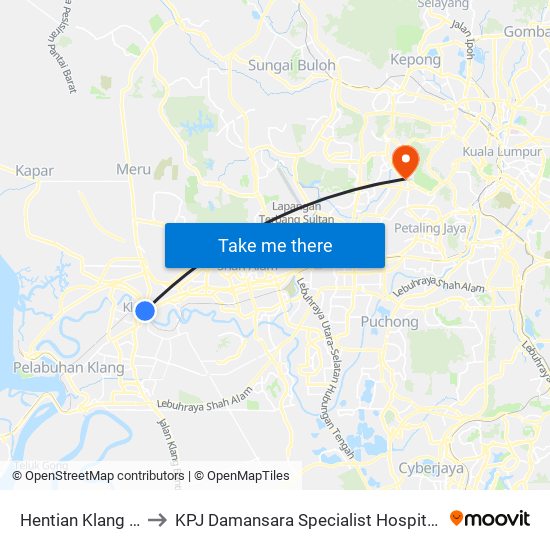 Hentian Klang (Pos) B (Bd664) to KPJ Damansara Specialist Hospital (KPJ Hospital Pakar Damansara) map