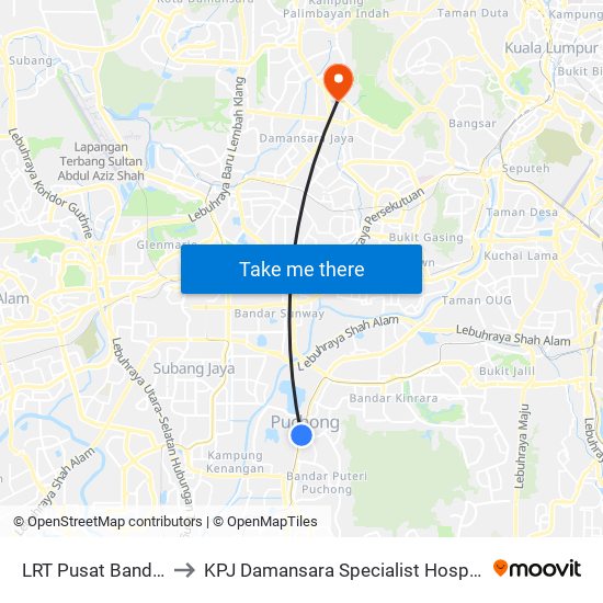 LRT Pusat Bandar Puchong (Sj735) to KPJ Damansara Specialist Hospital (KPJ Hospital Pakar Damansara) map