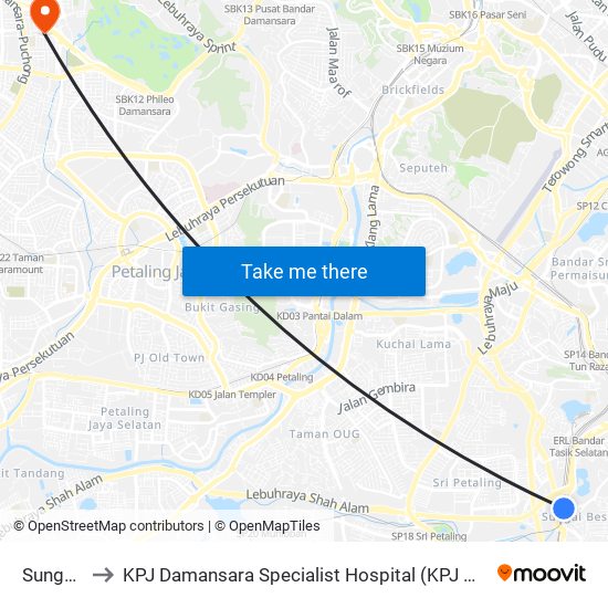 Sungai Besi to KPJ Damansara Specialist Hospital (KPJ Hospital Pakar Damansara) map