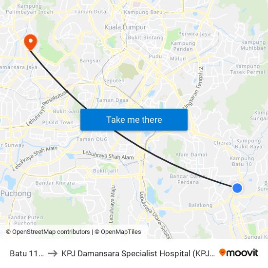 Batu 11 Cheras to KPJ Damansara Specialist Hospital (KPJ Hospital Pakar Damansara) map