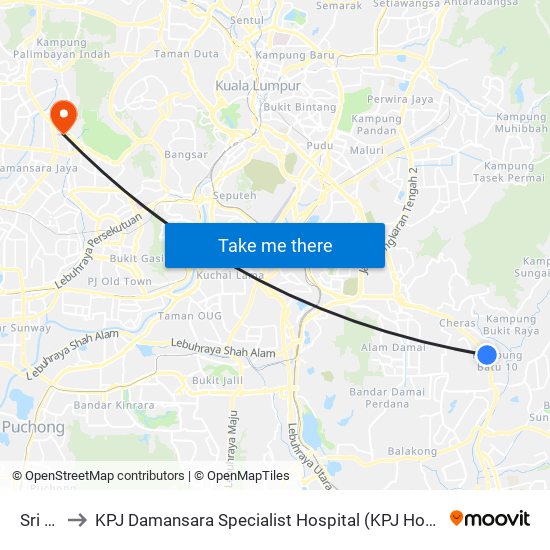Sri Raya to KPJ Damansara Specialist Hospital (KPJ Hospital Pakar Damansara) map