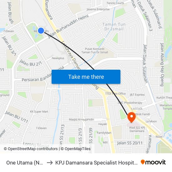 One Utama (New Wing) (Pj721) to KPJ Damansara Specialist Hospital (KPJ Hospital Pakar Damansara) map