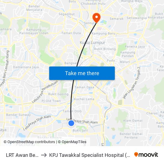 LRT Awan Besar (Kl2324) to KPJ Tawakkal Specialist Hospital (Hospital Pakar KPJ Tawakkal) map
