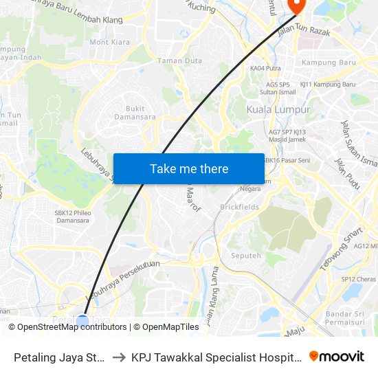 Petaling Jaya State (Utara) (Pj433) to KPJ Tawakkal Specialist Hospital (Hospital Pakar KPJ Tawakkal) map