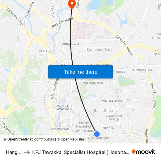 Hang Tuah to KPJ Tawakkal Specialist Hospital (Hospital Pakar KPJ Tawakkal) map