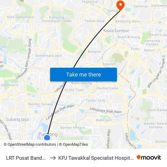 LRT Pusat Bandar Puchong (Sj735) to KPJ Tawakkal Specialist Hospital (Hospital Pakar KPJ Tawakkal) map