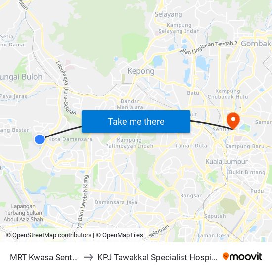MRT Kwasa Sentral, Pintu A (Sa1020) to KPJ Tawakkal Specialist Hospital (Hospital Pakar KPJ Tawakkal) map