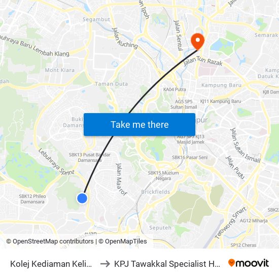 Kolej Kediaman Kelima, Universiti Malaya (Kl2343) to KPJ Tawakkal Specialist Hospital (Hospital Pakar KPJ Tawakkal) map