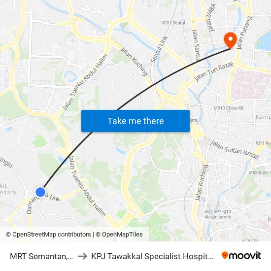 MRT Semantan, Pintu B (Kl1174) to KPJ Tawakkal Specialist Hospital (Hospital Pakar KPJ Tawakkal) map