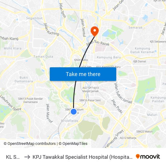 KL Sentral to KPJ Tawakkal Specialist Hospital (Hospital Pakar KPJ Tawakkal) map