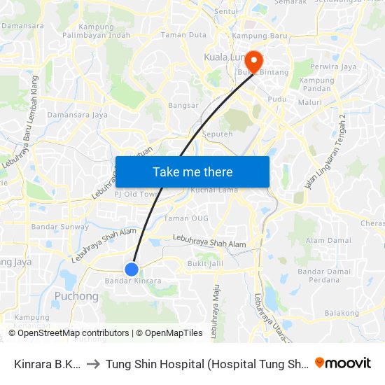 Kinrara B.K.5 to Tung Shin Hospital (Hospital Tung Shin) map