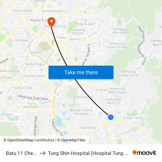 Batu 11 Cheras to Tung Shin Hospital (Hospital Tung Shin) map