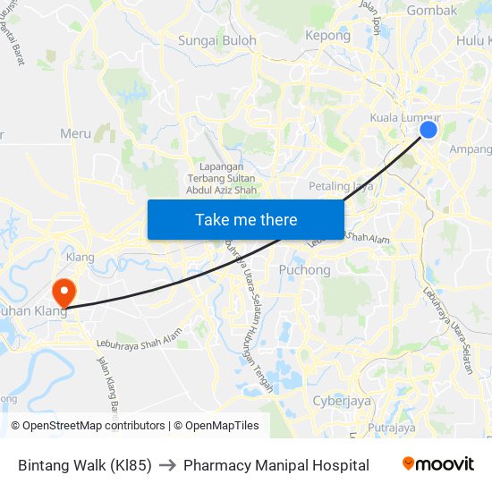Bintang Walk (Kl85) to Pharmacy Manipal Hospital map