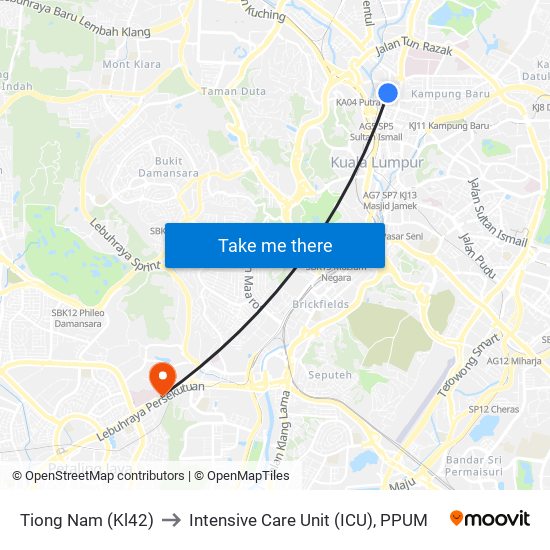 Tiong Nam (Kl42) to Intensive Care Unit (ICU), PPUM map