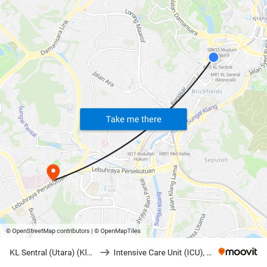 KL Sentral (Utara) (Kl1077) to Intensive Care Unit (ICU), PPUM map