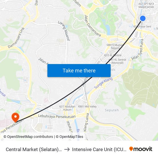 Central Market (Selatan) (Kl109) to Intensive Care Unit (ICU), PPUM map