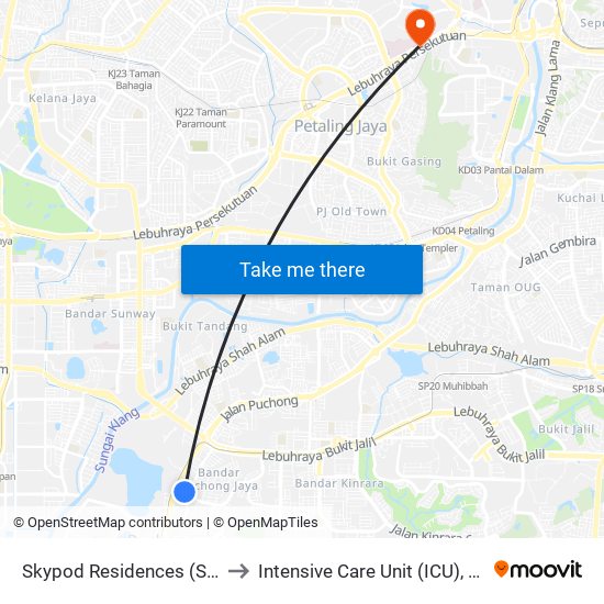 Skypod Residences (Sj447) to Intensive Care Unit (ICU), PPUM map