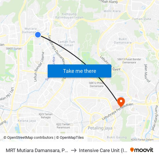 MRT Mutiara Damansara, Pintu B (Pj809) to Intensive Care Unit (ICU), PPUM map