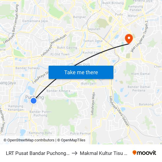 LRT Pusat Bandar Puchong (Sj735) to Makmal Kultur Tisu PPUKM map