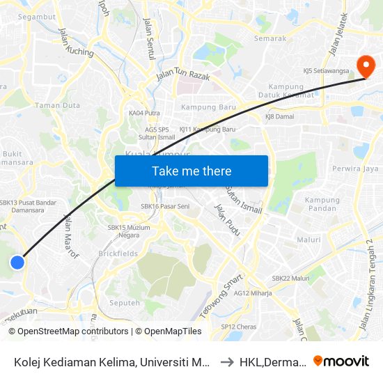 Kolej Kediaman Kelima, Universiti Malaya (Kl2343) to HKL,Dermatalogi map
