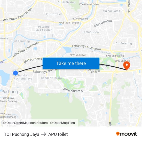 IOI Puchong Jaya to APU toilet map