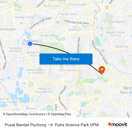 Pusat Bandar Puchong to Putra Science Park UPM map