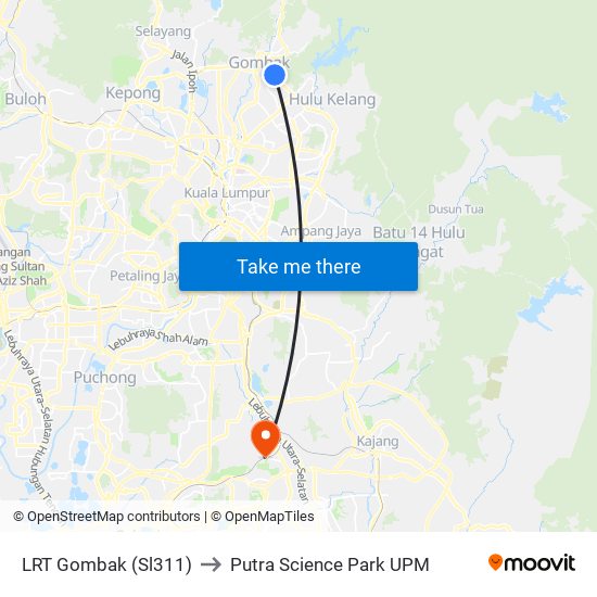 LRT Gombak (Sl311) to Putra Science Park UPM map