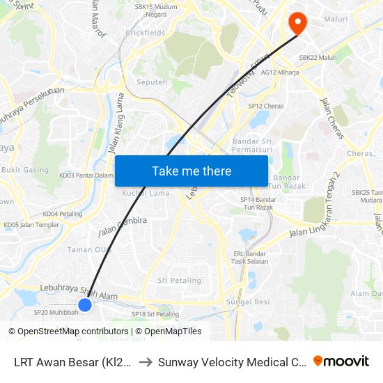 LRT Awan Besar (Kl2324) to Sunway Velocity Medical Center map