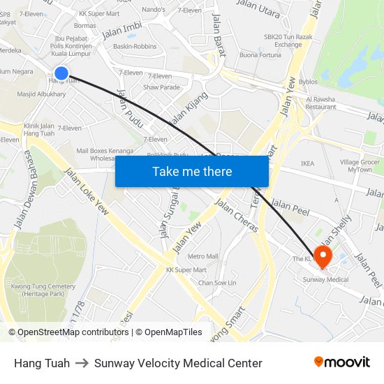 Hang Tuah to Sunway Velocity Medical Center map