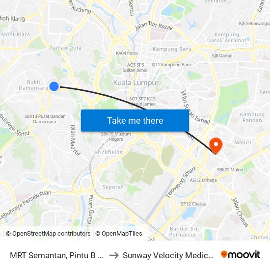 MRT Semantan, Pintu B (Kl1174) to Sunway Velocity Medical Center map