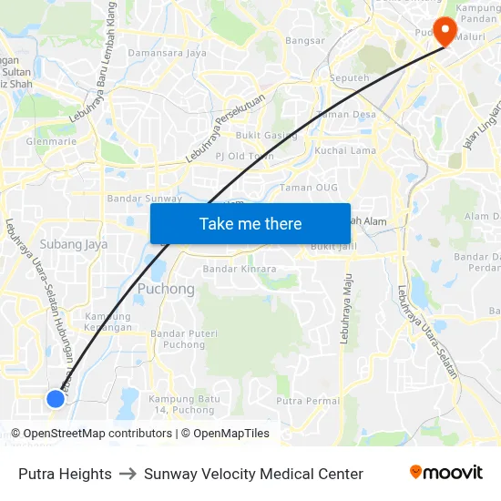 Putra Heights to Sunway Velocity Medical Center map