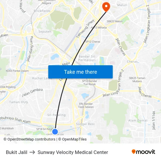 Bukit Jalil to Sunway Velocity Medical Center map