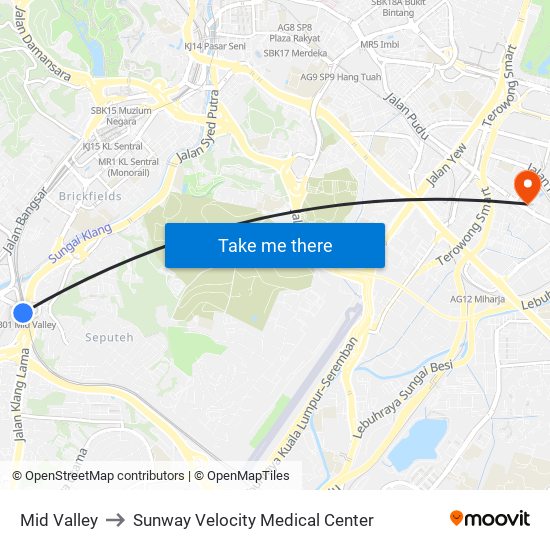 Mid Valley to Sunway Velocity Medical Center map