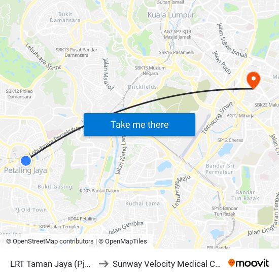 LRT Taman Jaya (Pj445) to Sunway Velocity Medical Center map