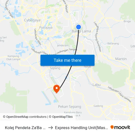 Kolej Pendeta Za'Ba UKM (Kj232) to Express Handling Unit(MasKargo Sdn Bhd) map