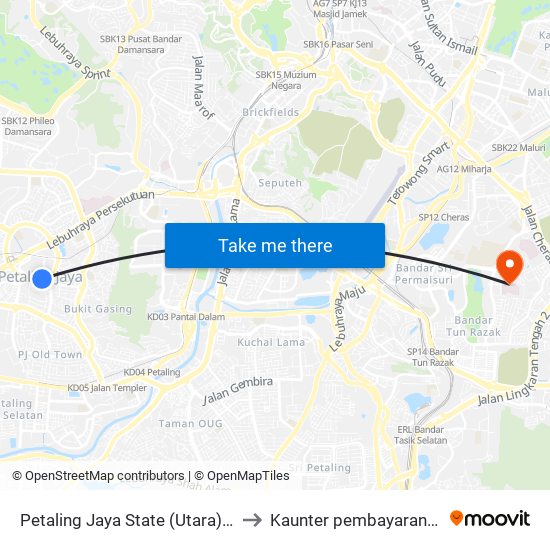 Petaling Jaya State (Utara) (Pj433) to Kaunter pembayaran HUKM map