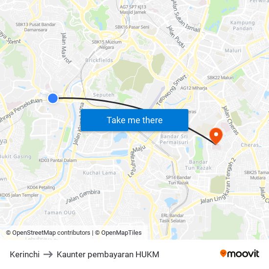 Kerinchi to Kaunter pembayaran HUKM map