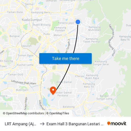 LRT Ampang (Aj106) to Exam Hall 3 Bangunan Lestari UPNM map