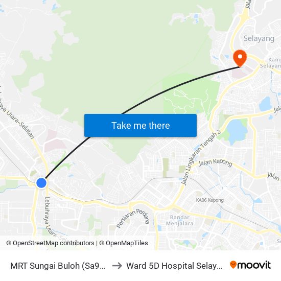 MRT Sungai Buloh (Sa995) to Ward 5D Hospital Selayang map