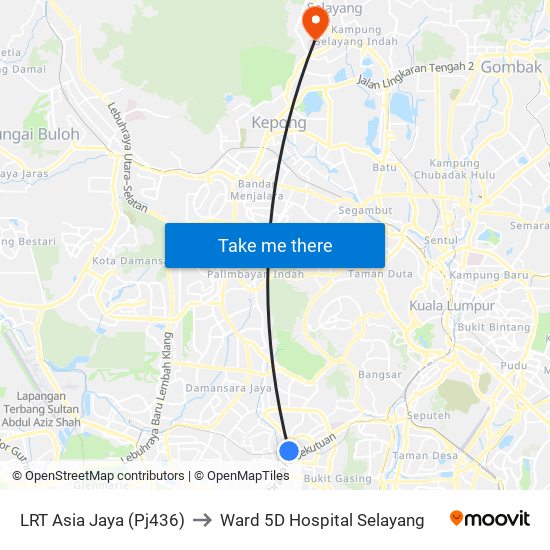 LRT Asia Jaya (Pj436) to Ward 5D Hospital Selayang map